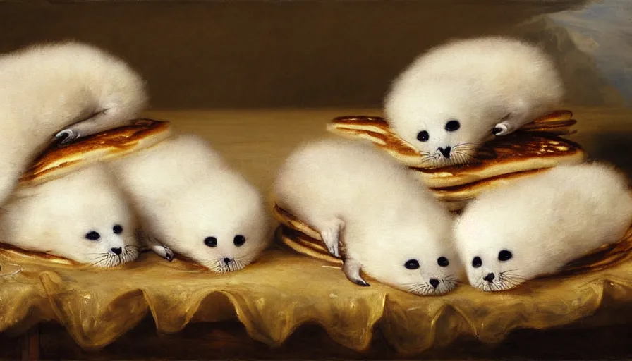 Image similar to highly detailed painting of cute furry white baby seals in a pile of jam pancakes on a table by william turner, by greg rutkowski, by william constable, thick brush strokes and visible paint layers, 4 k resolution