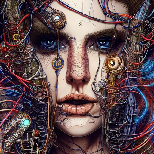 Prompt: beautiful bio punk woman_integrating_with_technology_full_face_insipiring_detailed_intricate_ornate_cables_connected_to_head_big_open_electric_eyes_ the_singulairty by android jones