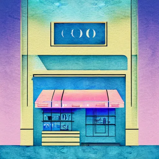 Prompt: art deco vaporwave watercolor illustration of a bookstore, in pastel and bright colors