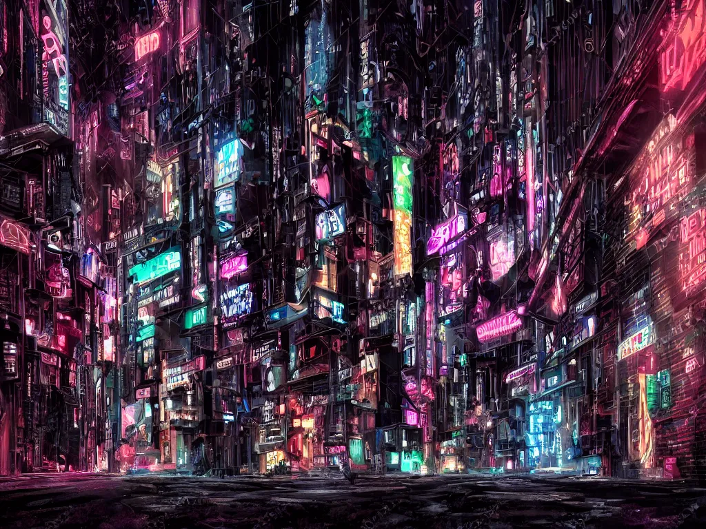 Prompt: a nightscene with a dark alley in new york city with graffiti on the walls at the end an illuminated door, cyberpunk city, futuristic, neon, intricate details