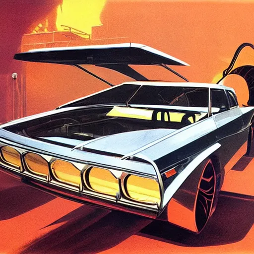 Prompt: concept art for a car with meat smoker trunk, illustrated by syd mead, high quality
