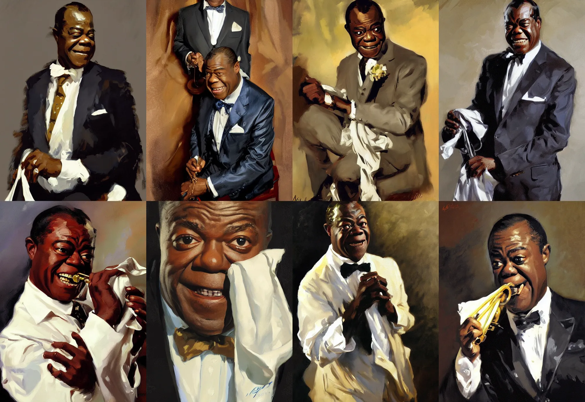 Prompt: a portrait of louis armstrong holding a white handkerchief, by greg manchess and john singer sargent and jonathan yeo, dramatic lighting, highly detailed digital painting