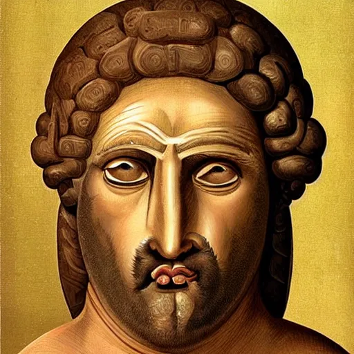 Image similar to portrait of mindless ancient greek man with big eyes and sharp nose and open mouth. fine detail. artistic painting by lurid