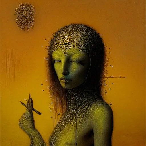 Image similar to portrait of ethereal young crow princess in golden armour by Beksinski