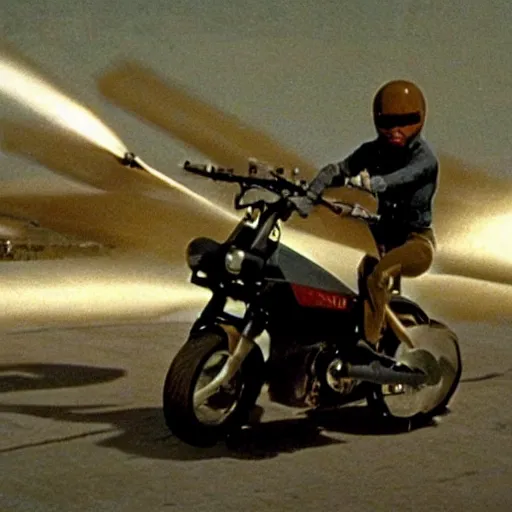 Image similar to jet-powered hoverbike, movie still, speed, cinematic Eastman 5384 film