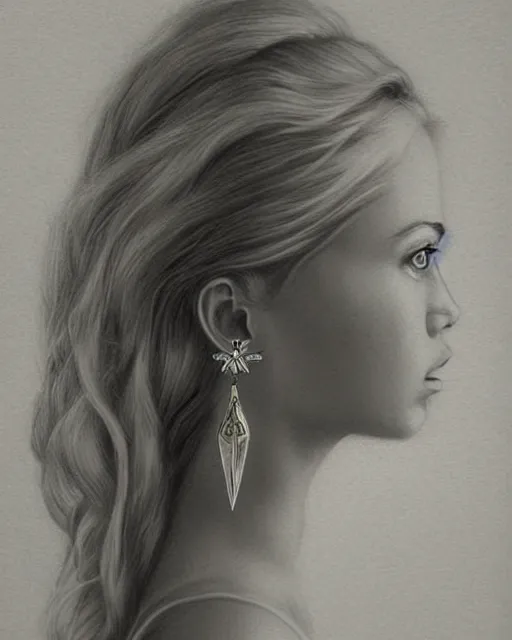 Image similar to pencil drawing of a beautiful greek goddess aphrodite with arrowhead earrings, beautiful piercing eyes, beautiful blonde hair, hyper realistic face, in the style of greg rutkowski, fantasy, amazing detail, epic, elegant, smooth, sharp focus, from the front