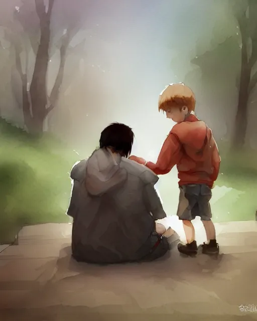 Image similar to father consoling son digital painting, pixiv, artstation,, watercolor, sharp focus, high quality