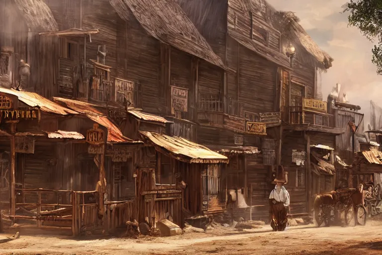 Image similar to concept art, wild west town, cinematic