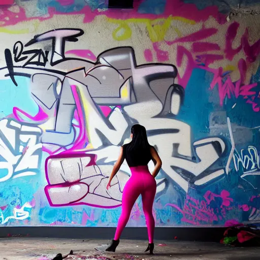 Prompt: kim kardashian doing a graffiti mural in a derelict school classroom, dust, rear-shot, pov from behind, very body skintight blue leggings with a pink v neck top, mold, intricate, epic lighting, cinematic composition, hyper realistic, 8k resolution, unreal engine 5
