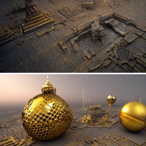 Image similar to photograph, realistic hyper detailed hardsurface modelled 3 d geometry, houdini destruction of aminimalist design temple, tarnished gold sphere is far far in the distance, deep perspective, wide angle, insanely detailed and intricate,, eal, gold, silver red, paradise hospital environment,