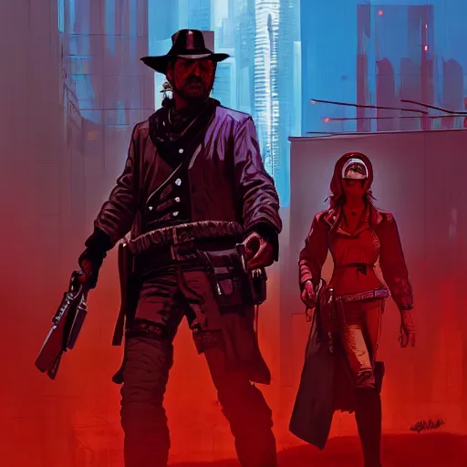 Image similar to cyberpunk red dead redemption, oil painting, art by josan gonzalez, front page of artstation