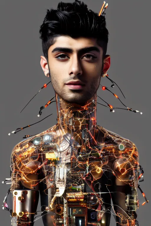 Image similar to full-body cyberpunk style sculpture of handsome singer Zayn Malik as a half cyborg with a chest opening exposing circuitry and electric sparks, glowing orange eyes, crown of green metal leaves, flowing salmon-colored silk, fabric, raptors. baroque elements. full-length view. baroque element. intricate artwork by caravaggio. many many birds birds on background. Trending on artstation, octane render, cinematic lighting from the right, hyper realism, octane render, 8k, depth of field, 3D