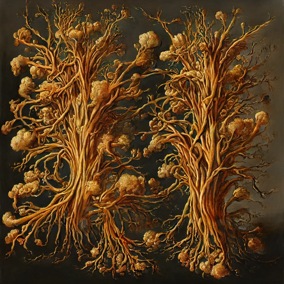 Image similar to dutch golden age bizarre ginger roots portrait made from withering flowers floral still life with very detailed ginseng rhizome and dry roots disturbing fractal forms sprouting up everywhere by rachel ruysch black background chiaroscuro dramatic lighting perfect composition high definition 8 k oil painting with black background by christian rex van dali todd schorr of a chiaroscuro portrait recursive masterpiece