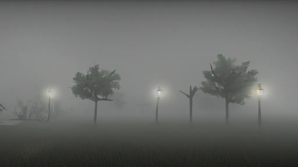 Image similar to village with many beautiful houses in the fog, fog, volumetric lighting, mystique, atmospheric, in the style of the game inside, sharp focus, ultra detailed, noir arthouse, 4 k, cinematic, 3 5 mm