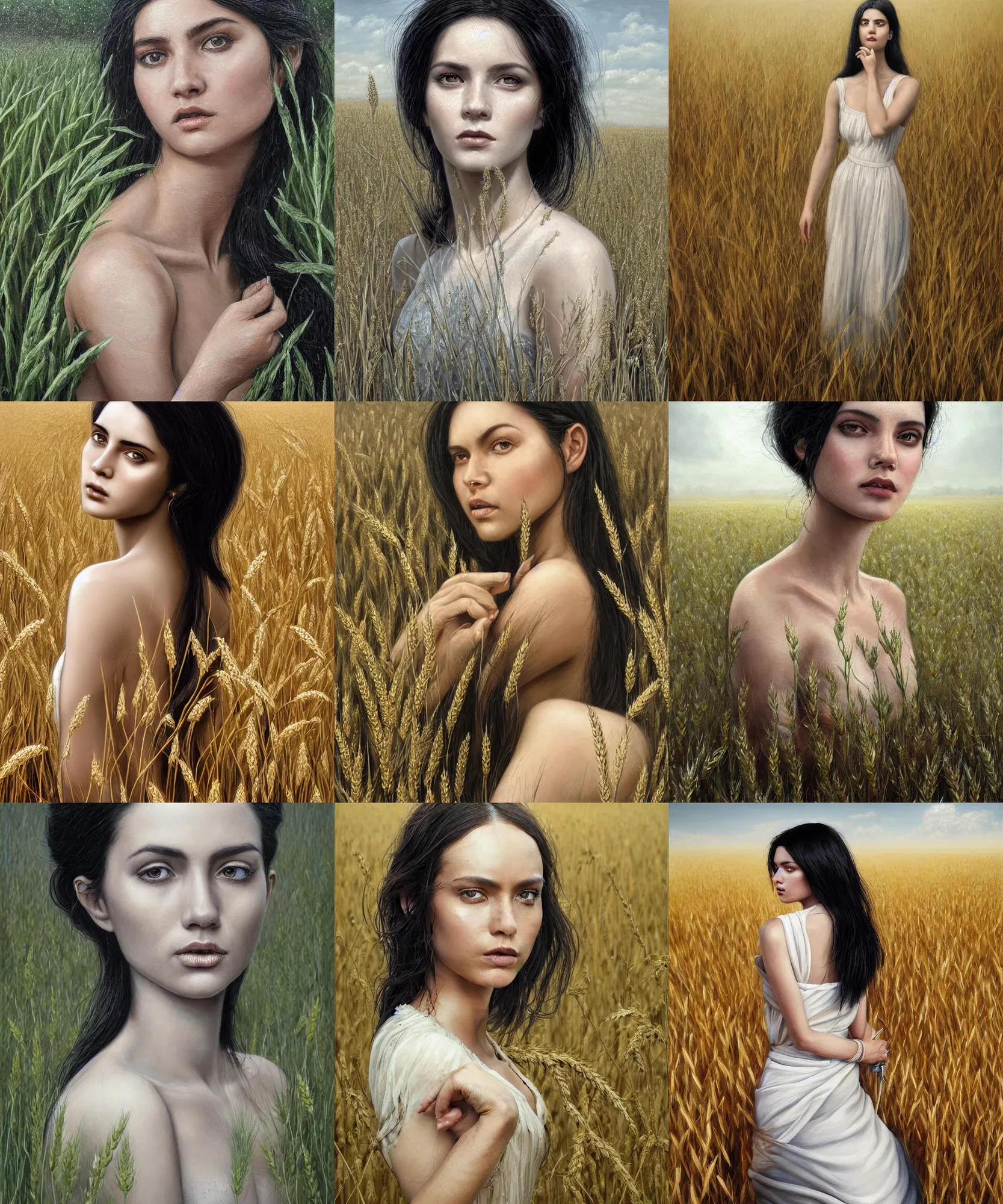 Prompt: Hyper realistic detailed painting of a Paludnitsa! (in a lush wheat crop). Perfect face, black hair, beautiful!, white dress, melancholic!!, dreamlike, highly detailed, sharp focus, digital painting, art by Eddie Mendoza, detailed and intricate environment, highly detailed, award winning art.