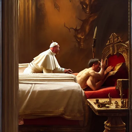 Image similar to the pope is in his bed, nervous and terrified, because a double horned shadow demon from hell is attacking him. highly detailed painting by gaston bussiere, j. c. leyendecker, greg rutkowski, craig mullins 8 k