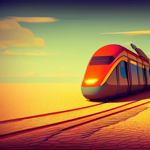 Prompt: futuristic train in a desert, painting, octane render, 4 k, anime sky, warm colors