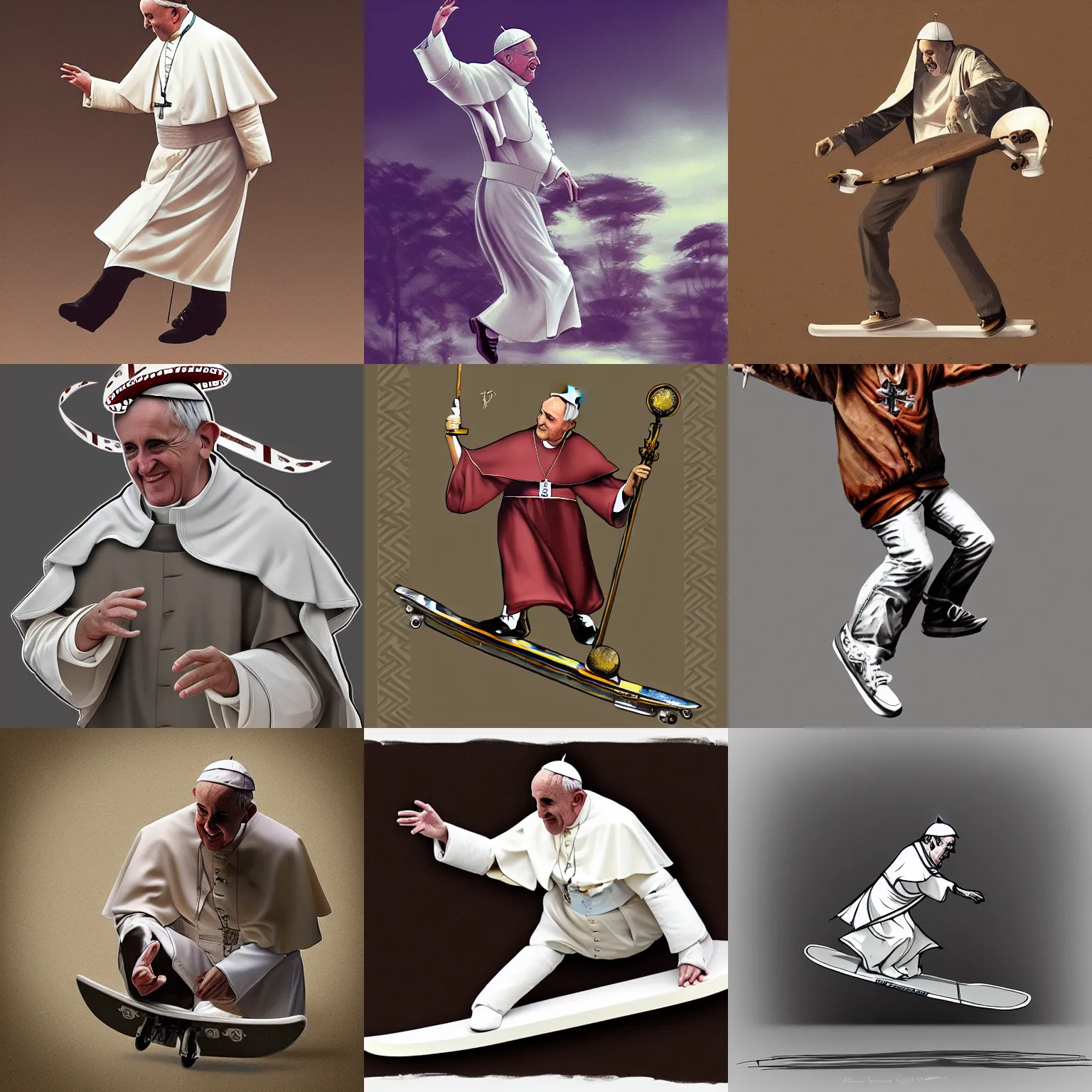 Prompt: the pope skateboarding, digital art, trending on artstation