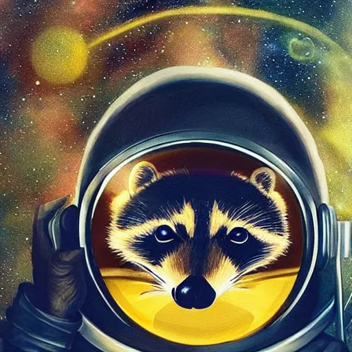 Prompt: A raccoon astronaut with the cosmos reflecting on the glass of his helmet dreaming of the stars
