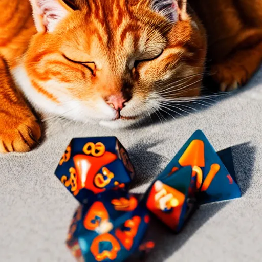 Prompt: realistic orange tabby cat lying in a sunbeam, the cat is next to a pile of D&D polyhedral dice, the cat is sleeping with closed eyes, award-winning photography, cozy, golden hour