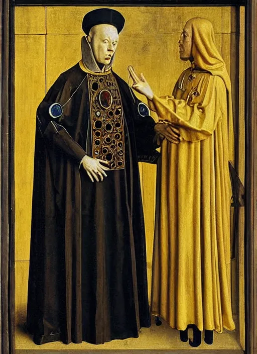 Prompt: a robot priest by Jan van Eyck