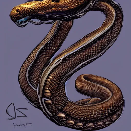 Prompt: Giant coiled stoic snake with a metallic skull as its head, calmly conversing 8k, detailed, concept art, trending on artstation