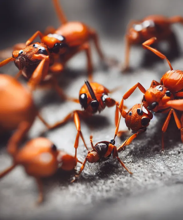 Image similar to high quality presentation photo of cute anthropomorphic ants eating crumbs, photography 4k f1.8 anamorphic bokeh 4k Canon Nikon