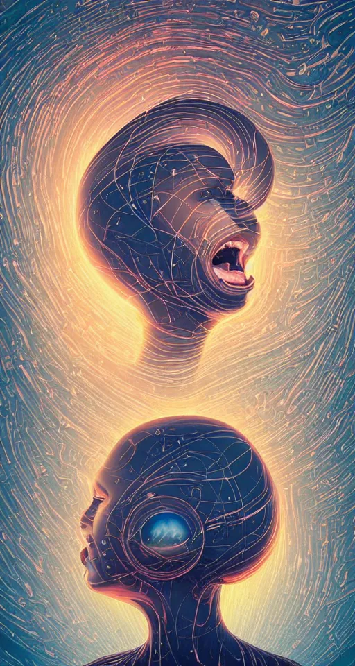 Image similar to art deco close up portait of stylish head with big mouth surrounded by spheres, rain like a dream digital painting curvalinear clothing cinematic dramatic fluid lines otherworldly vaporwave interesting details epic composition by artgerm anton pieck
