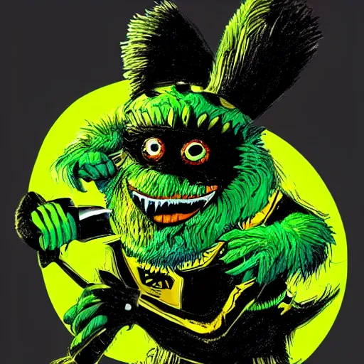 Image similar to a green tennis ball monster dressed like a super hero, black and gold, digital art, fantasy, magic, chalk, trending on artstation, ultra detailed, professional illustration by basil gogos