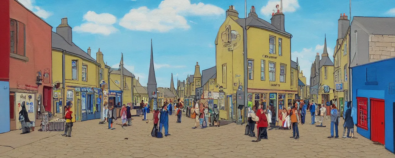 Prompt: a painting of street life in kirkwall orkney, by the simpsons