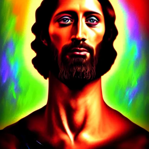 Image similar to An extremely psychedelic portrait of Jesus, surreal, LSD, face, detailed, intricate, elegant, lithe, highly detailed, digital painting, magical, Occult, artstation, concept art, smooth, sharp focus, illustration