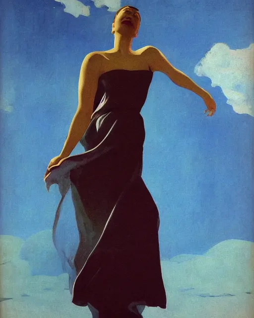 Prompt: portrait of a woman, female figure in maxi dress, sky, thunder clouds modernism, dynamic pose, dance, morning dramatic cinematic light, low poly, low poly, low poly, industrial, soviet painting, social realism, barocco, Frank Frazetta, Dean Ellis, Detmold Charles Maurice, gustav klimt, levitation, movie poster 1993 anime