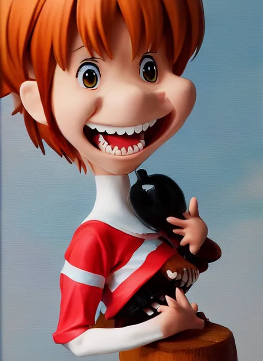 Image similar to a hyperrealistic oil painting of a kawaii anime girl figurine caricature with a big toothy grin featured on Wallace and Gromit by Studio Ghibli