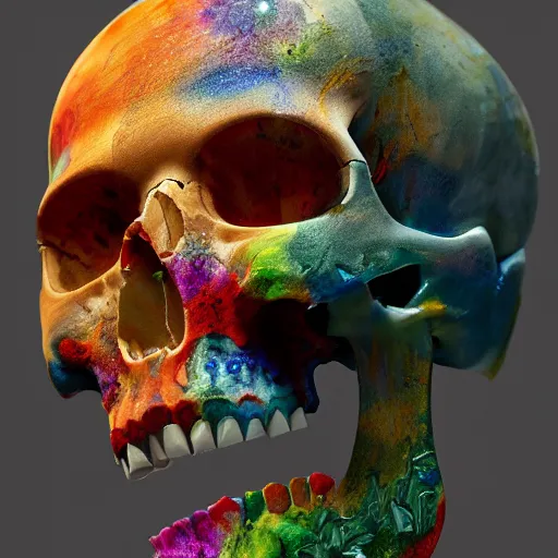 Image similar to hyperrealistic mixed media painting of a beautiful attractive flower marble skull, dim volumetric lighting, 8 k, octane beautifully detailed render, extremely hyper detailed, intricate, epic composition, cinematic lighting, masterpiece, trending on artstation, very very detailed, masterpiece, stunning, hdr, smooth, sharp focus, high resolution, award, winning photo, dslr