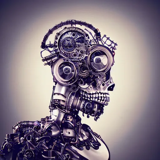 Image similar to a beautiful intricate fine art portrait photo of a a mechanical industrial steampunk cybernetic robot with sugar skull makeup, by tom bagshaw and zach sutton, roses surrounding the robot, perfection!, milk bath photography, studio lighting, 35mm lens, very detailed, bionic, cybernetic scifi, deep depth of field, artstation, 8K, highly coherent