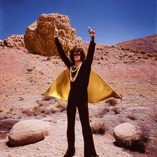 Image similar to mick jagger dressed in golden costume with jewels in a dry rocky desert landscape, visible sky and sunny atmosphere, fata morgana by alejandro jodorowsky, anamorphic lens, kodakchrome, 8 k -