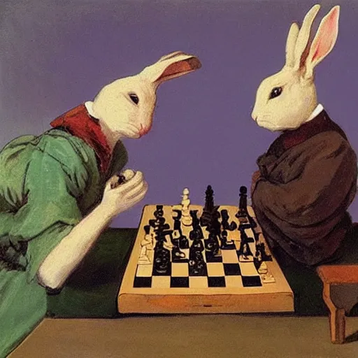 Image similar to two rabbits playing chess in the style of ilya repin