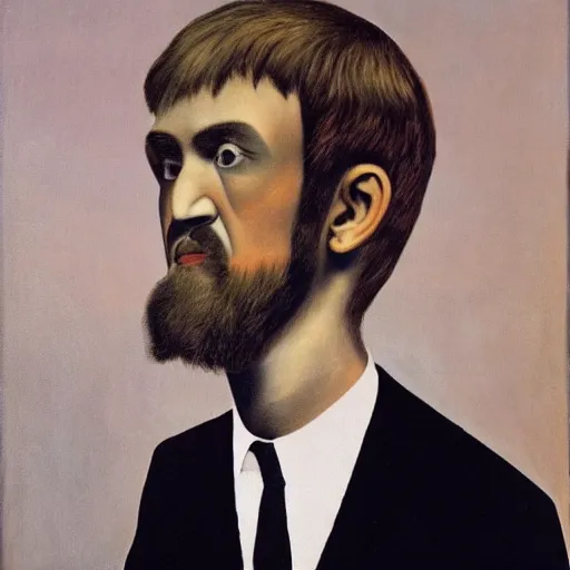 Prompt: surrealist painting of Bo Burnham with a beard sit in a almost dark room alone by Magritte, Dali, Andre Breton and Max Ernst