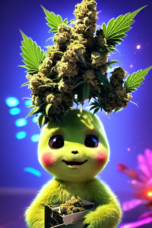 Image similar to high quality 3 d render very cute beautiful creature with a cannabis inflorescence instead of a head, like baby! cosmic marijuana bush, incorporated speakers!, cyberpunk highly detailed, unreal engine cinematic smooth, in the style of blade runner & detective pikachu, hannah yata charlie immer, moody light, low angle, uhd 8 k, sharp focus