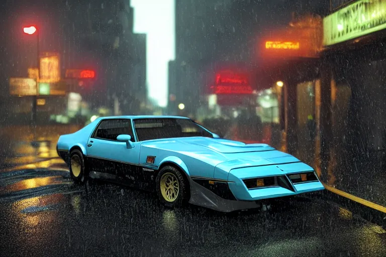 Image similar to hyperdetailed, photorealistic photograph of a 1 9 8 2 pontiac firebird trans - am drifting in the streets, rain, night, dense fog, hd, unreal engine 5 by greg rutowski, by stanley artgerm, by alphonse mucha