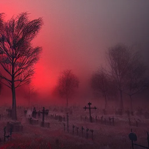 Image similar to red, red sky, depth, creepy, eyes, graveyard, death, dead, red eyes, 8k, hyperrealistic, depth, vray, high resoulution, eathly