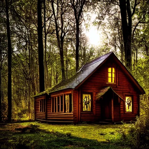 Prompt: A creepy cabin deep in the woods, light shining out of stained glass windows, photorealism