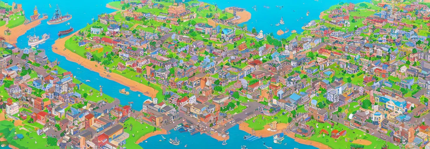 Image similar to a beautiful port town as seen from above in the style of animal crossing new horizons and kiki's delivery service by geof darrow and ghibli h 6 4 0