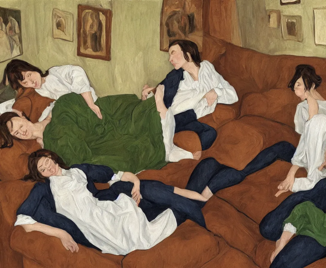 Image similar to portrait of two women lying horizontal, in an old english apartment on a brown leather sofa. one is wearing a dark blue sweather, the other a white shirt. brown hair, they are looking into the camera. wide shot. in the style of lucien freud. oil painting. green mood. isometric perspective