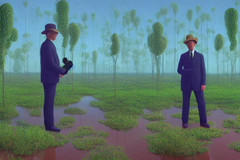 Image similar to snake oil researcher digging through the dense swamps of Formosa, painting by René Magritte, 3D render by Beeple, sketch by R. Crumb