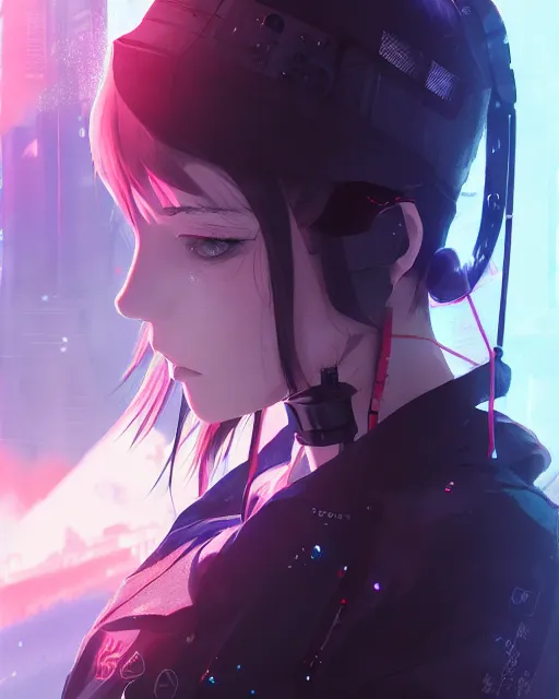 Image similar to kyoto animation, cool lady wearing cyberpunk techwear clothing, beautiful, detailed portrait, cell shaded, 4 k, concept art, by wlop, ilya kuvshinov, artgerm, krenz cushart, greg rutkowski, pixiv. cinematic dramatic atmosphere, sharp focus, volumetric lighting, cinematic lighting, studio quality