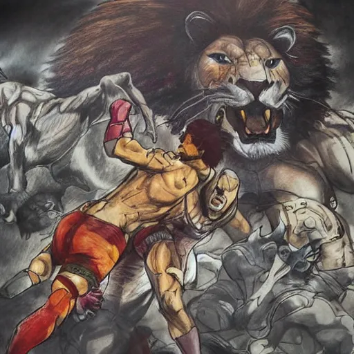 Image similar to one hero wrestling with one lion in the middle of an arena, crowd of people, pencil art, added detail, high definiton, colored, aerial viewyoji shinkawa