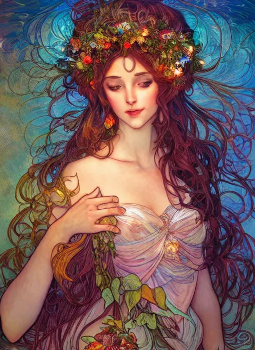 Image similar to Nature Goddess, ambient lighting, 4k, josephine wall, alphonse mucha, lois van baarle, ilya kuvshinov, rossdraws, artstation