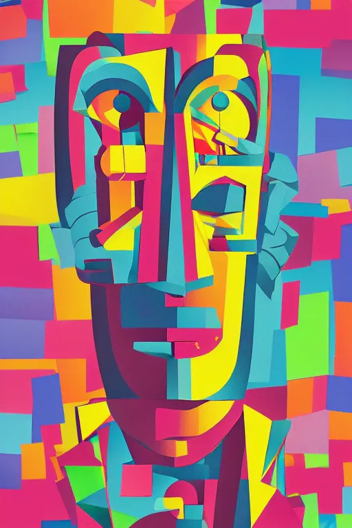 Image similar to cubist moai statue cutout digital illustration cartoon colorful beeple