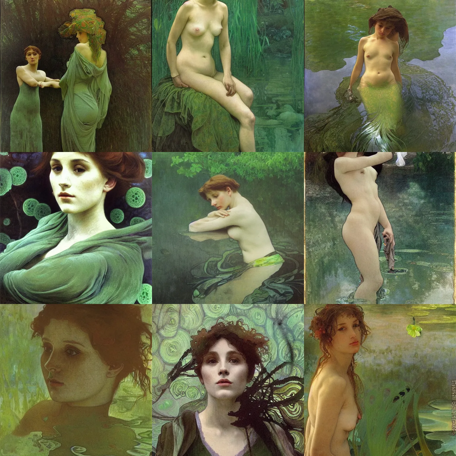 Prompt: hyperrealist mysterious portrait in a river, green water algae by alphonse mucha and lucian freud and bouguereau, fog, very detailed faces